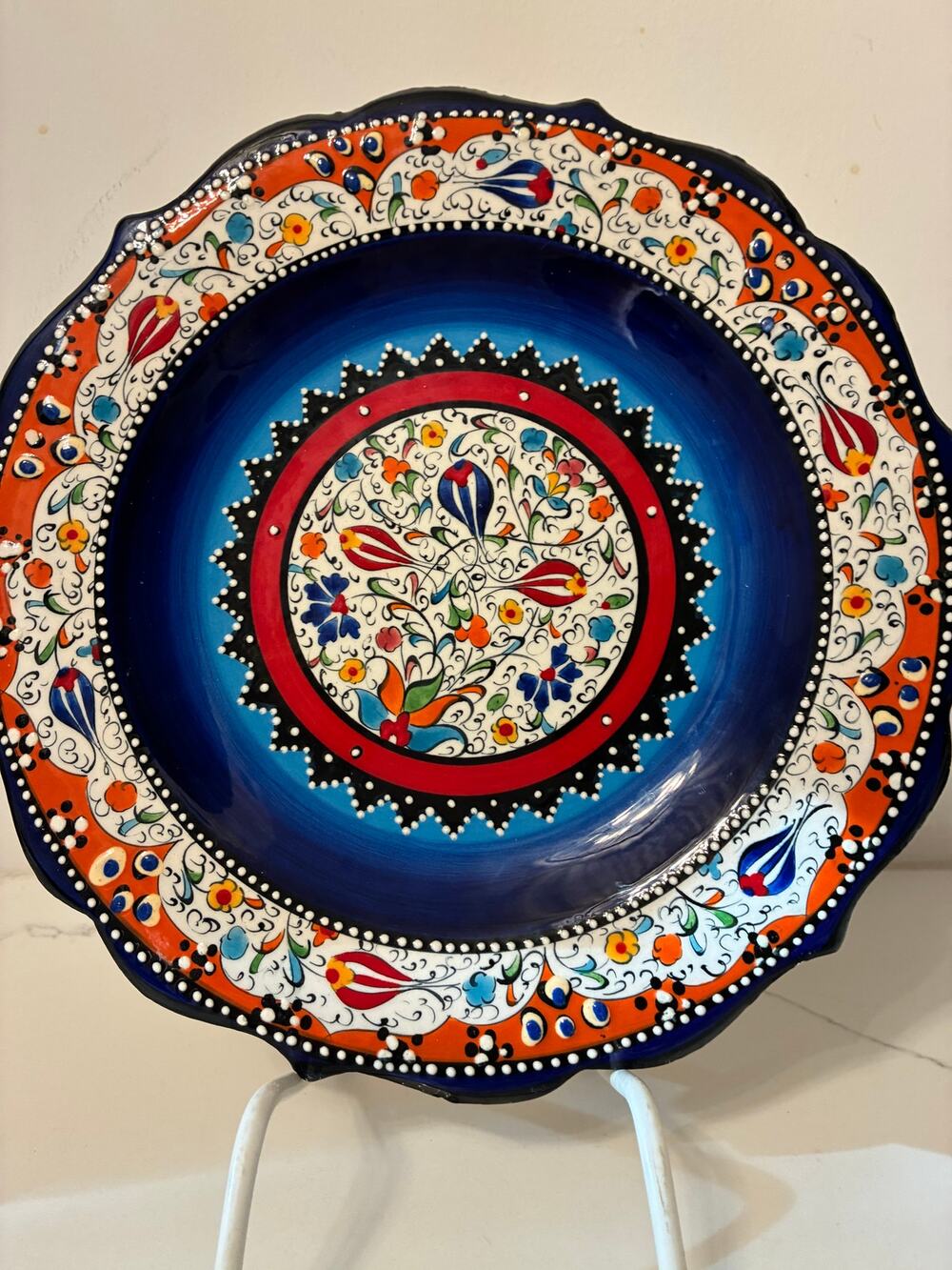 Wall Art Plate Hand Painted Ceramic Royal Blue Floral 10" Ethnic Boho Cottage